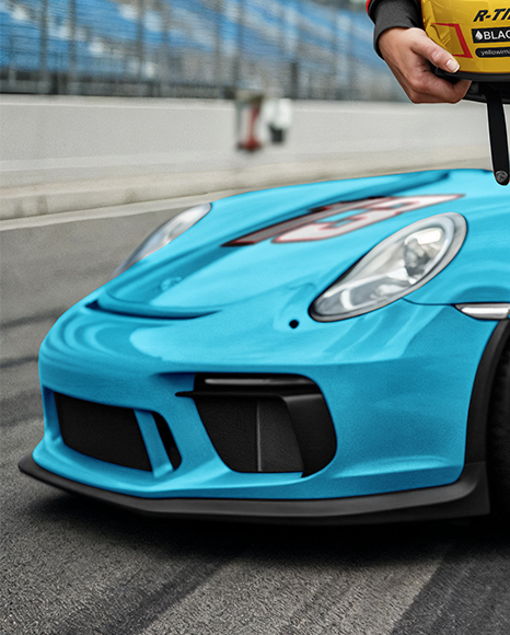 Woman Wearing Racing Kit With Racing Car Mockup