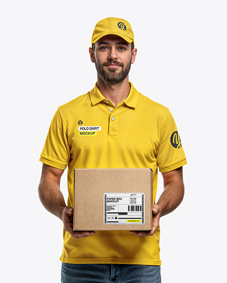 Delivery Man Wearing Polo Shirt and Baseball Cap Holding Box Mockup - Boyfriend+Short+|+Lucky+Brand
