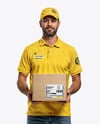 Delivery Man Wearing Polo Shirt and Baseball Cap Holding Box Mockup