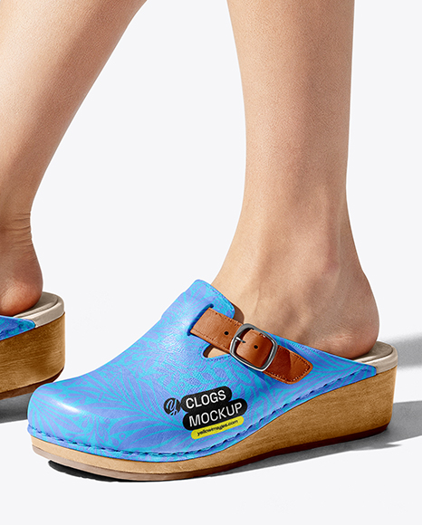 Pair of Clogs on Woman's Legs Sitting on Stool Mockup