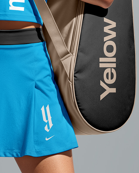 Woman Wearing Tennis Uniform and Tennis Bag Mockup