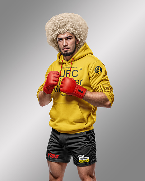 Male UFC Fighter Wearing Hoodie and Papakha Hat Mockup