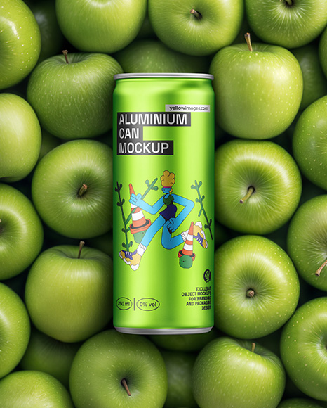 8.5oz Slim Drink Can on a Stack of Green Apples Mockup - Metal can mockup