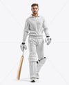 Man Wearing a Full Cricket Kit with Bat Mockup