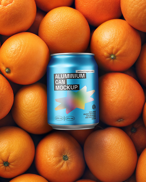 8.5oz Drink Can on a Stack of Oranges Mockup - Metal can mockup