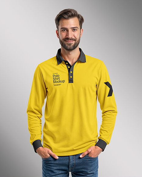 Man Wearing Long-Sleeve Polo Shirt and Jeans Mockup