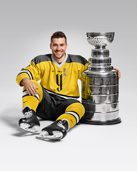 Ice Hockey Player with Stanley Cup Mockup