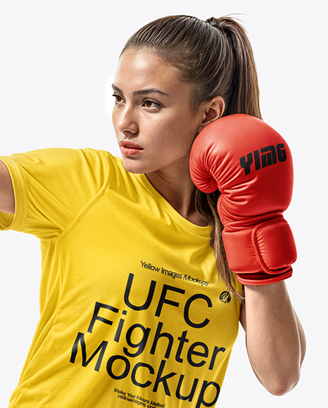 Female UFC Fighter Wearing T-Shirt & Shorts Mockup