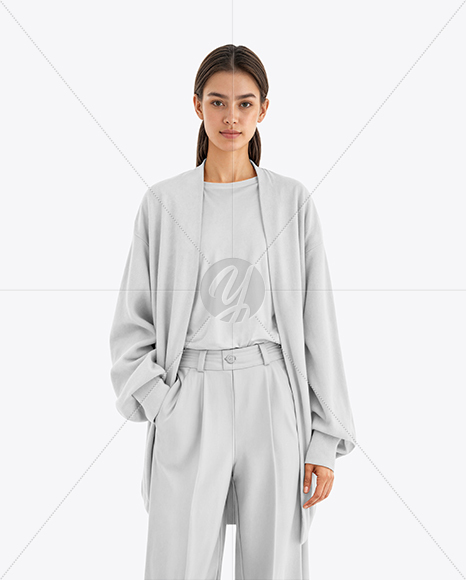 Young Woman Wearing Cardigan and T-Shirt Mockup
