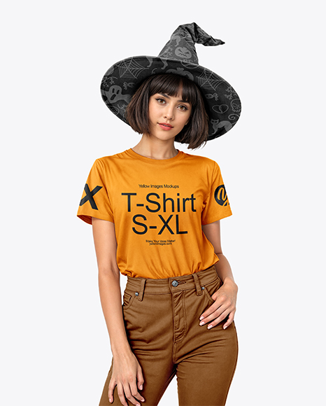 Young Woman Wearing Witch Hat, T-shirt & Pants Mockup - Cheerleader+Costume+Mockup+-+Front+View+in+Apparel+Mockups+...
