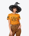 Young Woman Wearing Witch Hat, T-shirt & Pants Mockup