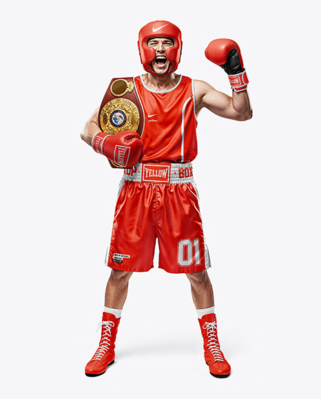 Man Wearing Boxing Jersey and Shorts with Champion Belt Mockup - Kit mockup psd