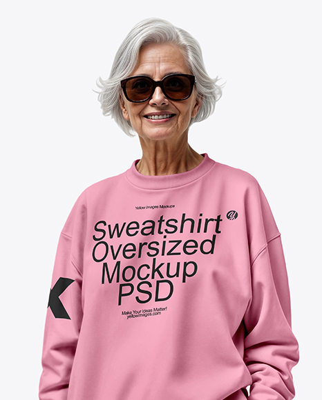 Smiling Elderly Woman Wearing Oversize Sweatshirt & Sweatpants Mockup
