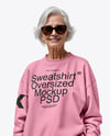 Smiling Elderly Woman Wearing Oversize Sweatshirt & Sweatpants Mockup