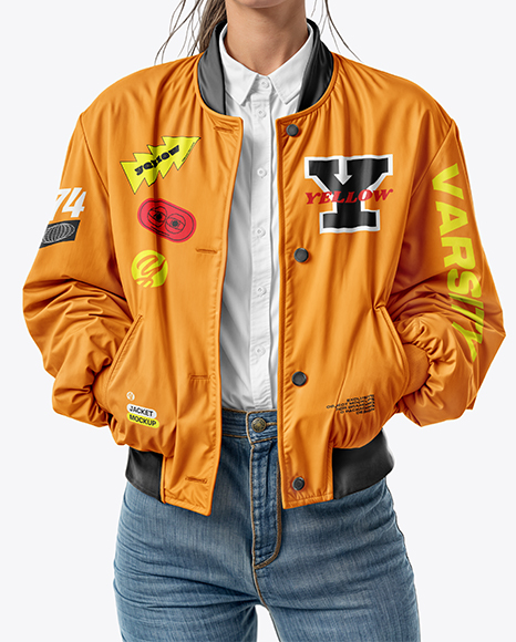 Woman in Sunglasses Wearing Bomber Jacket and Jeans Mockup