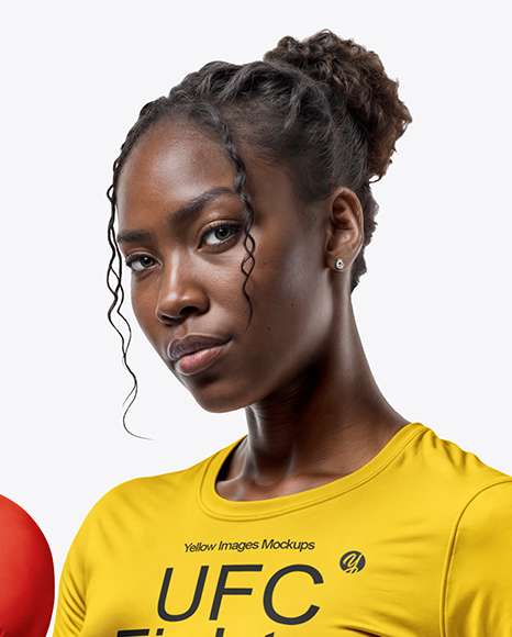 Black Female UFC Fighter Wearing T-Shirt & Shorts Mockup