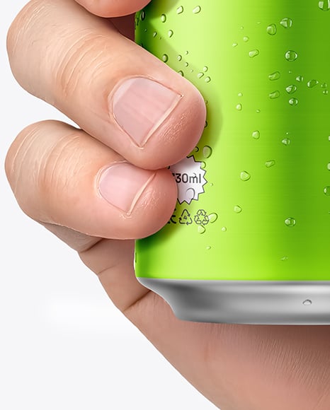 330ml Aluminium Can with Drops in the Hand Mockup