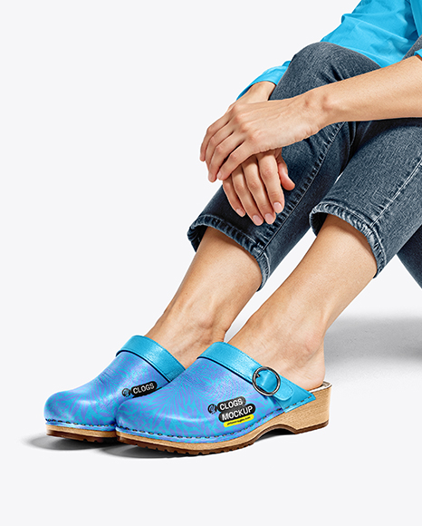Pair of Clogs on Woman's Legs with Jeans Mockup - Flared pants mockup