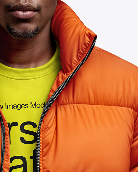 Black Man Wearing Puffer Jacket and Bucket Hat Mockup