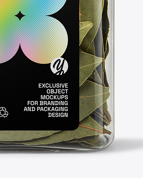 Square Plastic Jar with Bay Leaves Mockup