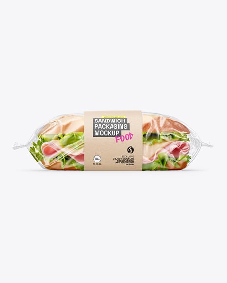 Clear Plastic Flow-Pack with Sandwich in Kraft Paper Sleeve Mockup - Clear+Sleeve+Box+Packaging+Mockup+