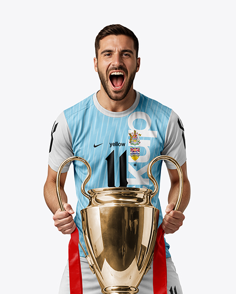 Man Wearing Soccer Jersey and Shorts Holds Cup Mockup