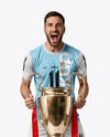 Man Wearing Soccer Jersey and Shorts Holds Cup Mockup