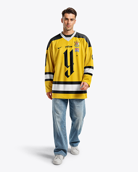 Man Wearing Ice Hockey Jersey Mockup - Long