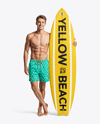 Young Man Wearing Shorts and Holding Surfboard Mockup