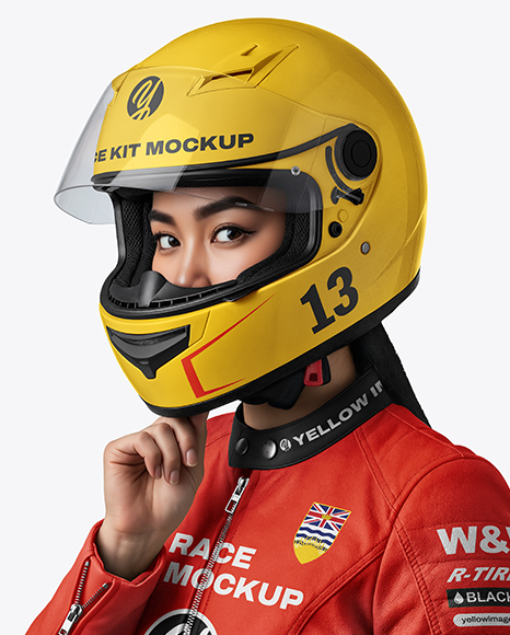 Woman Wearing Leather Jacket and Racing Helmet Mockup
