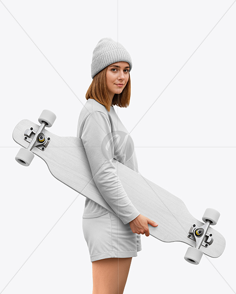 Young Woman Wearing Long Sleeve and Beanie with Longboard Mockup