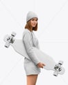 Young Woman Wearing Long Sleeve and Beanie with Longboard Mockup
