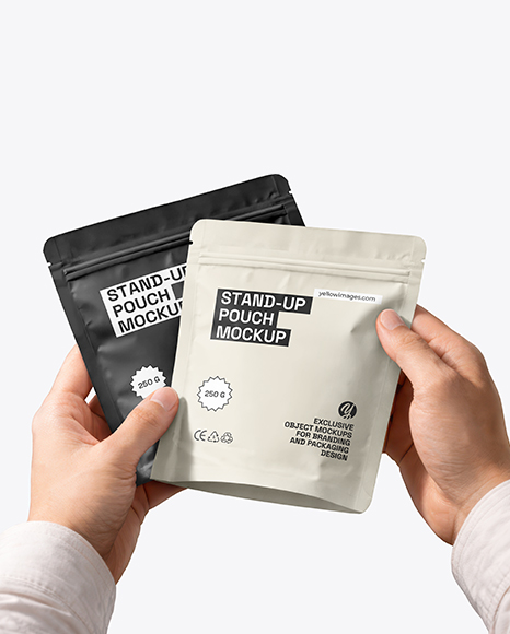 Two Matte Stand-Up Pouch in Hands Mockup