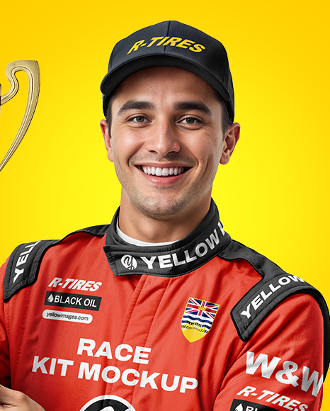 Man Wearing Racing Kit With Cup Mockup