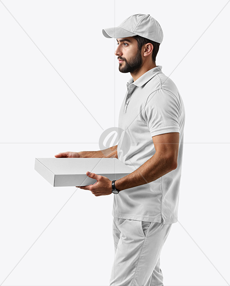Delivery Man with Pizza Box Wearing Polo Shirt Mockup