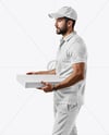 Delivery Man with Pizza Box Wearing Polo Shirt Mockup