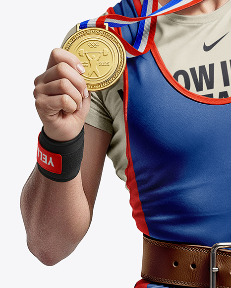Woman Wearing Weightlifing Suit with Medal Mockup