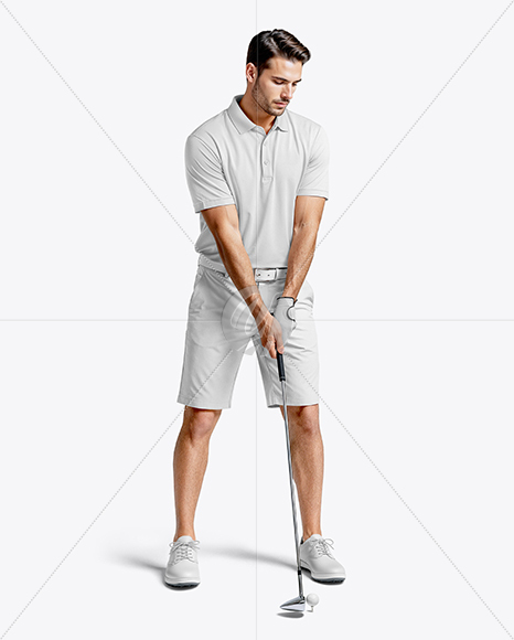 Man Wearing Golf Shirt and Shorts with Ball Mockup