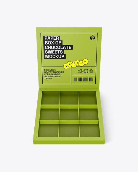Opened Empty Box for Chocolate Sweets Mockup - Box+With+Chocolates+In+Foil+Mockup+In+Box+Mockups+On+Yellow+Images+Object+Mockups