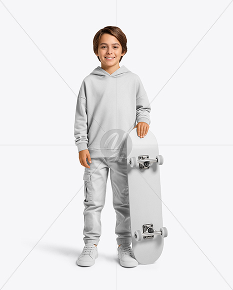 Boy Wearing Hoodie and Cargo Pants with Skateboard Mockup