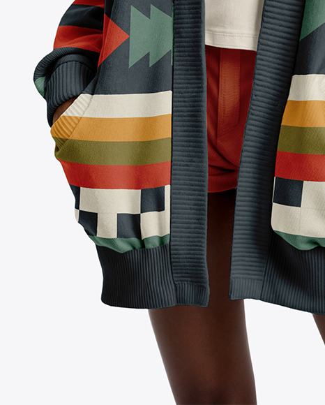 Young Black Woman Wearing Cardigan and T-shirt Mockup
