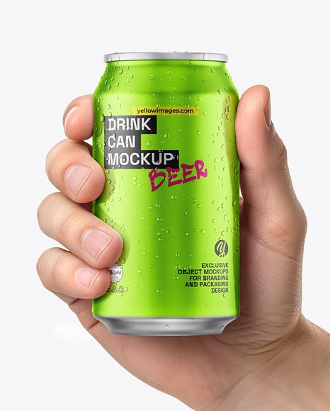 330ml Aluminium Can with Drops in the Hand Mockup