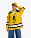 Woman Wearing Ice Hockey Jersey and Cap Mockup