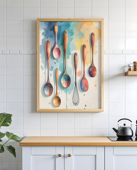 Poster with a Wooden Frame in a Kitchen Mockup