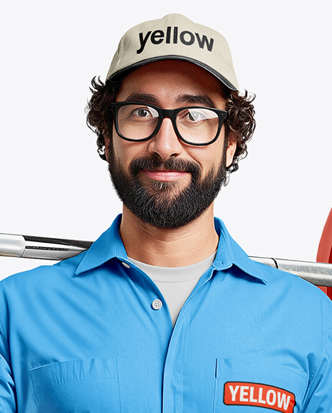 Powerlifter Wearing Janitor Uniform and Cap with Barbell Mockup