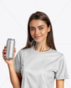 Woman Wearing a T-shirt Holding 16oz Drink Can Mockup