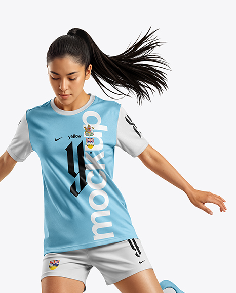 Woman Wearing Soccer Jersey and Shorts Mockup