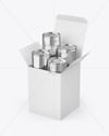 Box W/ Glossy Metallic Cans Mockup