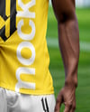 Soccer Player Wearing a Crew Neck Jersey and Shorts at the Stadium Mockup