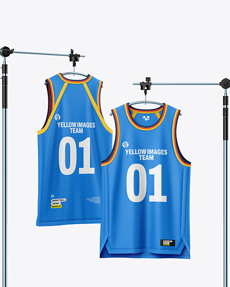 Basketball Jerseys Hanging in a Studio Mockup